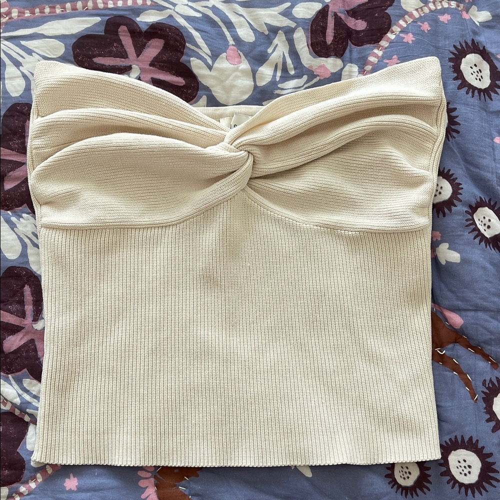 DISSH Anika Cream Twist-Front Ribbed Strapless Camisole